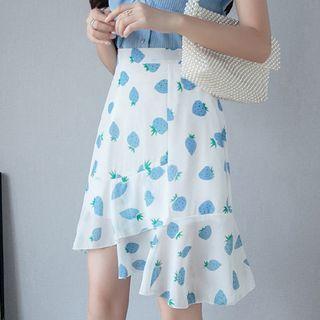 Strawberry Print Chiffon Irregular A-line Mini Skirt