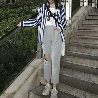 Striped Shirt / Lettering Tank Top / Crop Cut Out Sweatpants