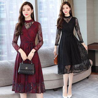 3/4-sleeve Mock Neck Midi A-line Lace Dress