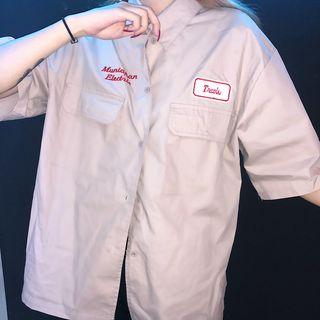 Elbow-sleeve Applique Military Shirt Khaki - One Size