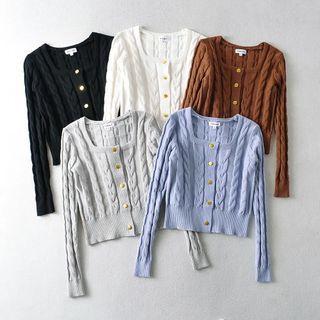 Long-sleeve Square-neck Cable-knit Cropped Cardigan