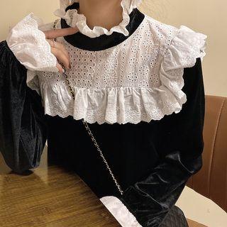 Long-sleeve Mock-neck Frill Trim Lace Blouse Black - One Size