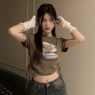 Short-sleeve Drawstring Printed Cropped Top