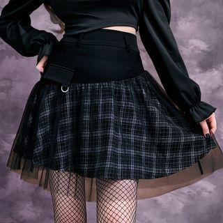 Mesh Panel Plaid Mini A-line Skirt