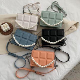 Faux Leather Faux Pearl Strap Crossbody Bag
