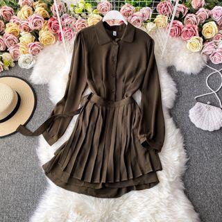Plain Pleated A-line Dress With Belt