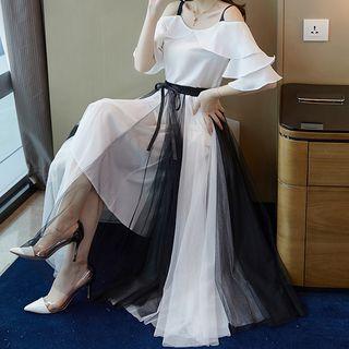 Set: Cold-shoulder Top + Midi Color Block Mesh Skirt