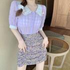Plaid Short-sleeve Top / Floral Pencil Skirt