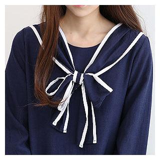 Contrast-trim Beribboned Puff-sleeve Dress