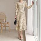 Square-neck Marble-pattern Pleated Dress