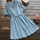 Short-sleeve Denim A-line Dress Denim Blue - One Size