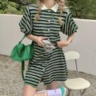 Polo Puff-sleeve Striped Panel Single-breasted Dress Green - One Size