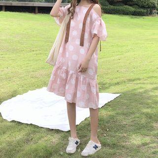 Spot Print Cold Shoulder Short-sleeve A-line Midi Dress