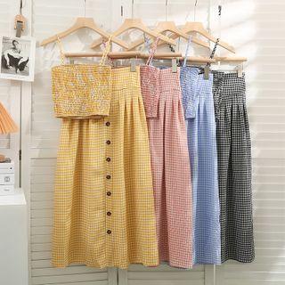 Plaid Pleated Tube Top With Plaid A-line Skirt