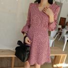 V-neck Leopard A-line Dress Pink - One Size