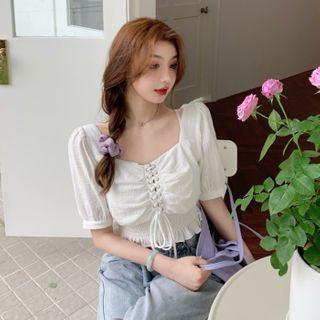 Square Collar Puff-sleeved Top White - One Size