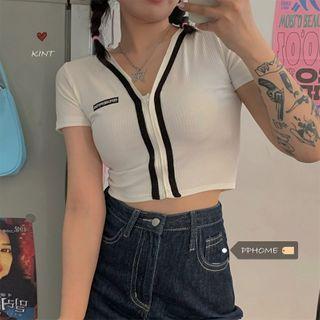 Short-sleeve Embroidered Lettering Zip-up Crop Top