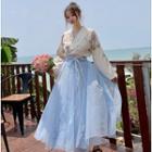 Floral Long-sleeve Hanfu Top / Embroidered Chiffon Midi Skirt
