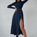 Long-sleeve Ribbed Slit A-line Midi Dress