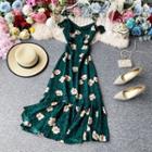 Cold-shoulder Floral Print Midi Dress