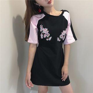 Elbow-sleeve Floral Embroidery Mini Dress