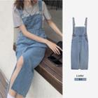 Slit Denim Midi Sheath Overall Dress