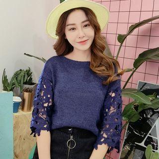 Hollow Out Lace Panel Elbow-sleeve Sweater