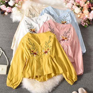 Long-sleeve Floral Embroidered Shirred Button-up Blouse