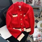 Collared Contrast Trim Cardigan Red - One Size