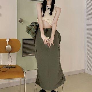Crop Tank Top / Drawstring Midi Cargo Skirt