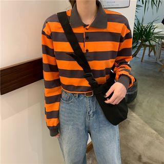 Striped Long-sleeve Cropped Polo Shirt
