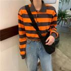 Striped Long-sleeve Cropped Polo Shirt