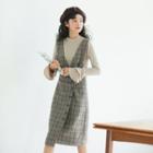 Mock-neck Long-sleeve Knit Top / Plaid A-line Pinafore Dress