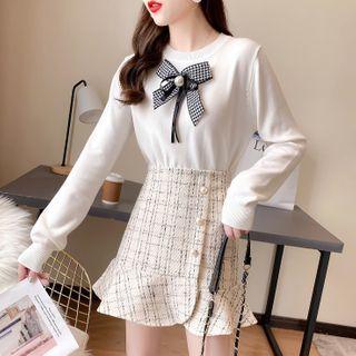 Set: Long-sleeve Bow Accent Knit Sweater + High-waist Plaid Mermaid Skirt