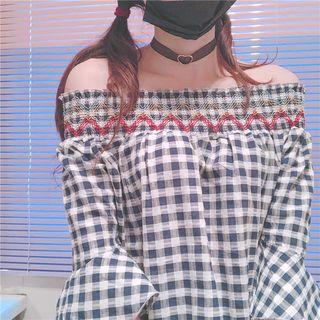 3/4-sleeve Off Shoulder Plaid Top