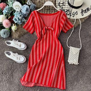 V-neck Striped Short-sleeve Knit Dress Red - One Size
