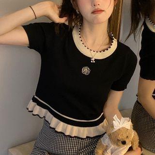 Ruffled Short-sleeve Cropped Knit Top Black - One Size