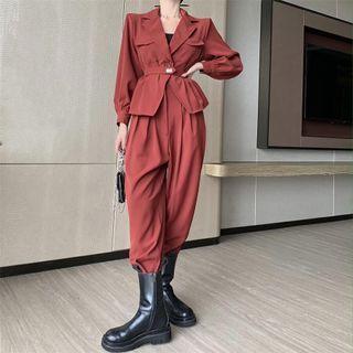 Collared Plain Long-sleeve Jacket / High-waist Wide-leg Pants