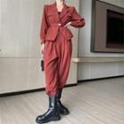 Collared Plain Long-sleeve Jacket / High-waist Wide-leg Pants