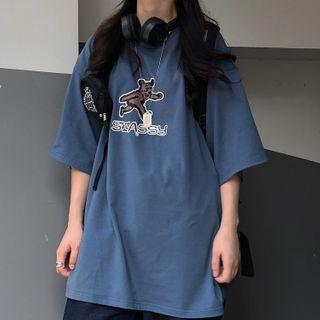 Printed Short-sleeve T-shirt Retro Blue - One Size