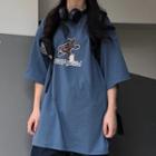 Printed Short-sleeve T-shirt Retro Blue - One Size
