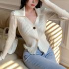 V-neck Collared Button-up Ribbed Top