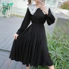 Long-sleeve Crochet Lace Collar Chiffon Dress