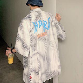 Elbow-sleeve Lettering Marble Print Shirt