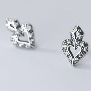 Rhinestone Heart Ear Stud 1 Pair - S925 Silver - Silver - One Size