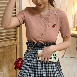 Cherry Embroidered Frill-edge Top