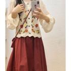 Long-sleeve Floral Embroidered Knit Panel Blouse / Midi A-line Skirt