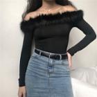Furry-trim Off-shoulder Long Sleeve T-shirt