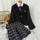 Set: Badge Embroidered Blazer + Shirt + Plaid A-line Skirt