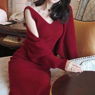 Sleeveless Knit Open-back Midi Sheath Dress/ Open-front Cardigan